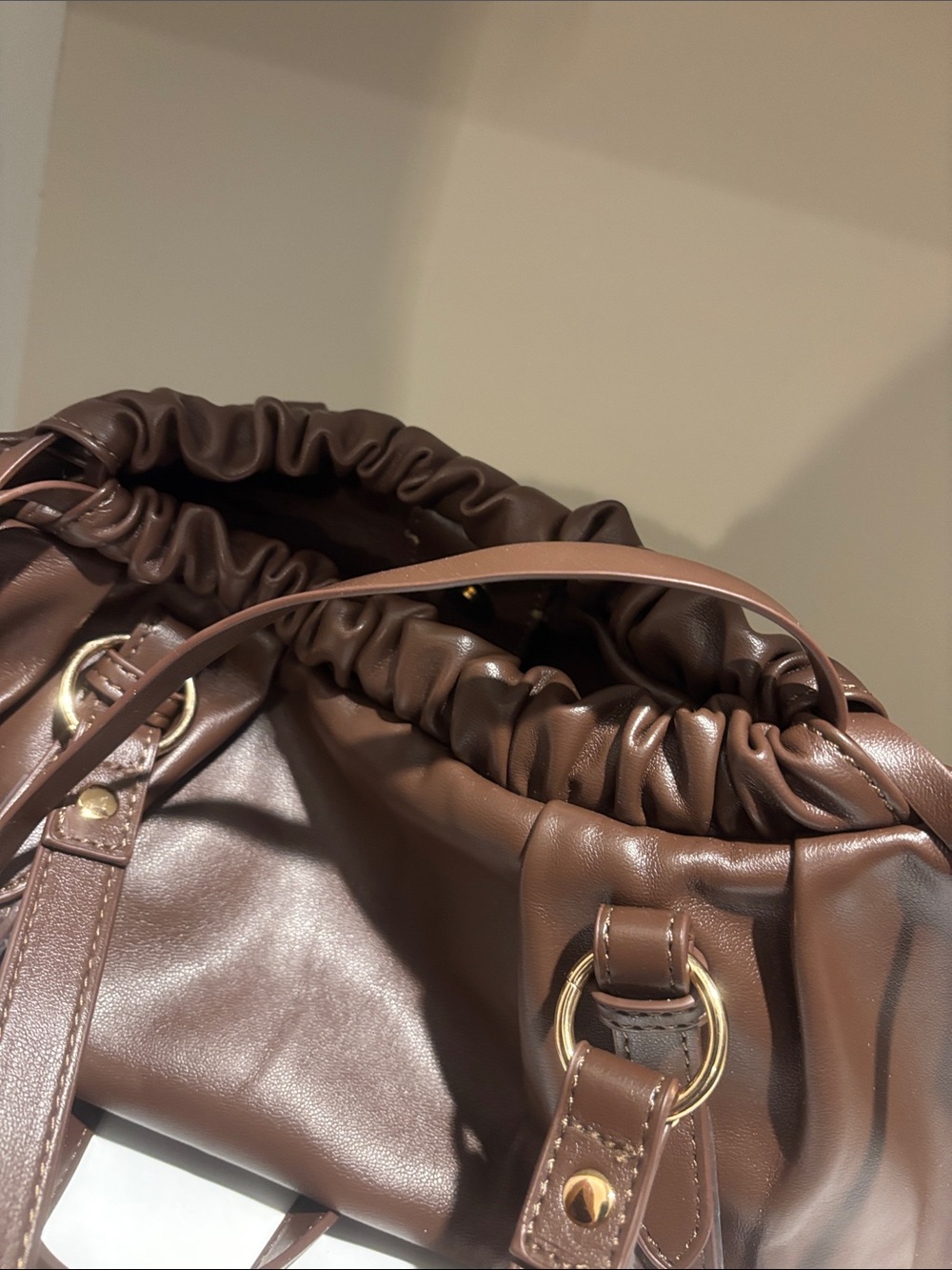 Urban Expressions Brown Leather Drawstring Shoulder Bag with Teddy Charm - Picture 5 of 5